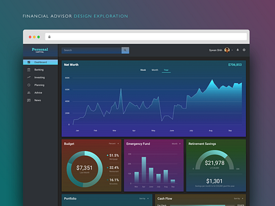 Financial Advisor Dark Mode & Widget Design Exploration dark mode desktop finance gradients redesign