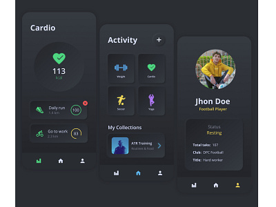 Fit Tracker App app app design dark dark app dark mode dark theme dark ui design gravit designer mobile mobile app design mobile design mobile ui modern neumorphism ui uidesign uiux uxdesign webdesign