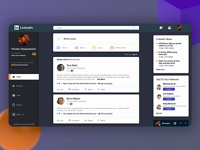 LinkedIn Redesign adobedimension adobexd dark mode design linked in linkedin redesign redesign concept social media website website design