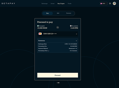 Proceed to pay screen (on-ramp) blockchain crypto dark mode dashboard design user experience ux