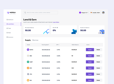 Lend and Earn (Mersla Protocol) blockchain branding crypto design earn lend lending ui ux web3