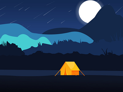 Tent in moon light colorful illustration minimalist moon night vector wallpaper