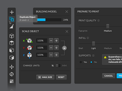 3D Printing Software 3d dark interface layout printing software