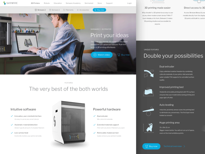 Skriware 2 3D printer flat landing onepage printer subpage ui ux web webdesign