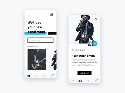 Mobile App UI Concept - Bands and musicians search app adobexd band blue bold contrast design dribbble minimal minimalism minimalui mobile mobile application mobile ui mobiledesign music ui ux