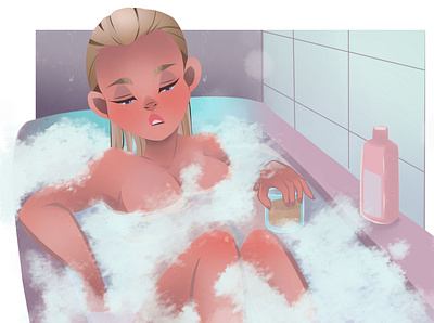 Relax bath bathing cartoon design digitalart drawing girl glass illustration picture purple relax vector