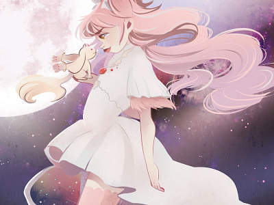 Godess anime background cartoon digitalart drawing girl illustration kyubey madoka magicalgirl mahou shojo manga moon photoshop pink