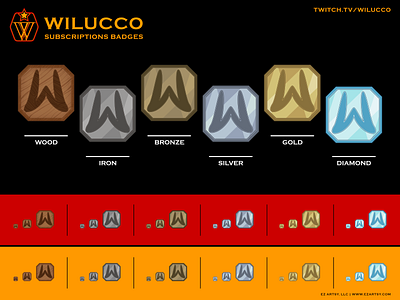 Wilucco - Twitch Subscription Badges affinity affinity designer badge badge design black channel channel art commission icon icon set iconography identity logo logo design red stream style guide twitch twitch.tv yellow