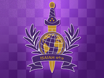 El Shaddai International Ministry - Logo adobe adobe illustrator badge badge design biblical checkerboard design digital art globe gold graphic design iconography illustration logo ministry olive branch pattern purple sword