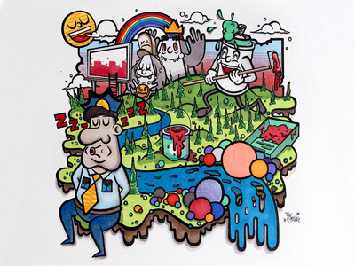Fun Times characters illustration ink mountains paint river spray spray can stockdale sun tyler