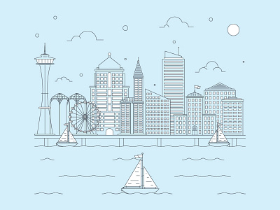 As seen by whales. buildings clouds killer infographics line art sail boat seattle skyling tyler stockdale water