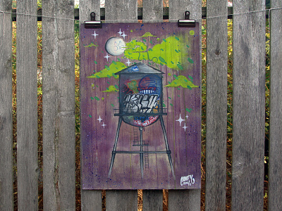 The Watertower at Night acrylic clouds graffiti illustration ink moonshine painting smoke stars tyler stockdale watercolor watertower