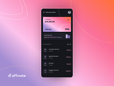 Affinate | Fintech payment app with card app card charts credit card dark theme design fintech gradient neo banking payment track expense ui ux