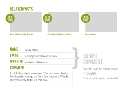 Wireframing Blog Footer comment form font bebas font district gray green related posts wireframe