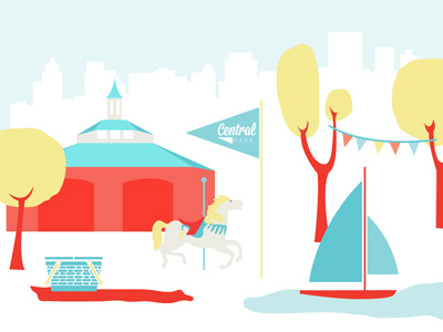 Central Park Illo blue boat carousel central park illustration picnic red trees