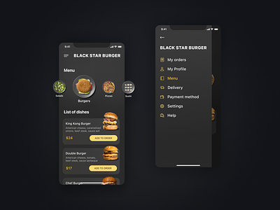 Black Star Burger App Concept Design @dailyui app black blackstar blackstarburger burger dark delivery food hamburger ios mobile night ui ux