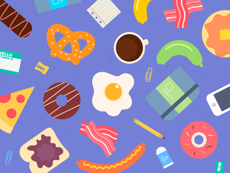 AIGA Breakfast Club illustration pizza sausage pretzel banana coffee donut pancake egg bacon food breakfast