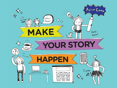 Make Your Story Happen action camp computer handdrawing illustration mint mobile poster prototype story website workshop