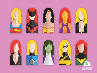 Superheroines busts design female flat heroes heroines icons super