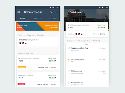 Concept for a Social commute app material design minimalist social commute ux