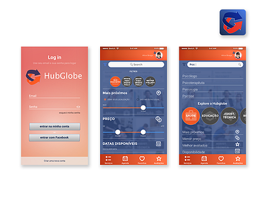 Telas do aplicativo hubglobe design ui ux visual
