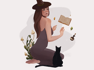 Witch black cat girl illustration magic mushrooms witch witchcraft