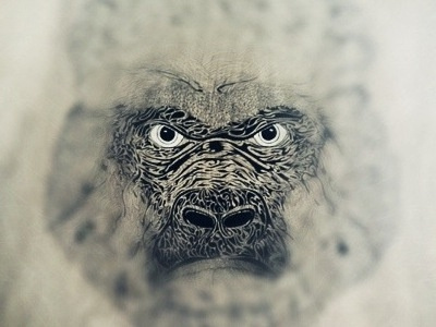 Prime 8 Art League Commission analog face gorilla hand drawn ink pen wood panel