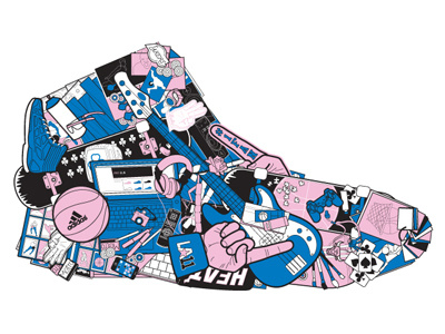 mi adidas Basketball Full 3 stripes adidas originals awesome basketball black blue collage cool design detail intricate mi adidas objects pile pink shoe shoe illustration stuff vector white