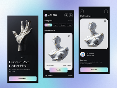 Dark Theme NFT Marketplace Mobile App app blockchain branding crypto dark theme mobile design icon illustration marketplace mobile nft nft app nft marketplace nft mobile nftmarketplace typography ui ux vector