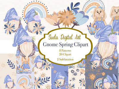 Gnomes Spring Clipart Seamless Patterns