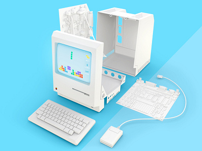 Macintosh 128k 3d apple disassembled exploded hardware illustration inside macintosh motherboard pc render tetris