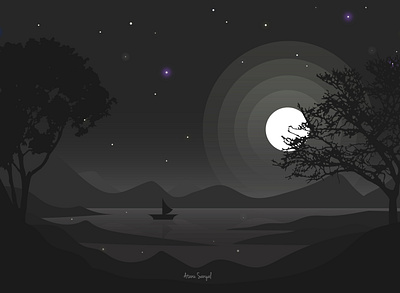 black beauty atanu black boat branches lake moon mountain nature night sanyal shade shadow stars tree water