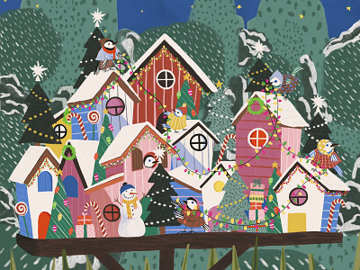 Festive Bird Houses graphic design illustration