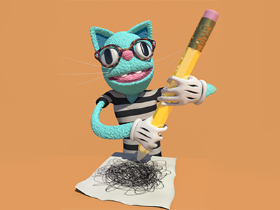 Cat Muppet Artist 3d artist cat character felt glasses mentalray muppet pencil plush scribble