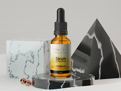 Serum Label & 3D rendering background. Three Marble black white bottle label graphic design label design product label serum label