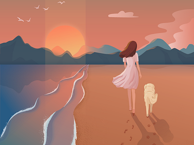 Girl and dog adobe illustrator beach illustration sea vector