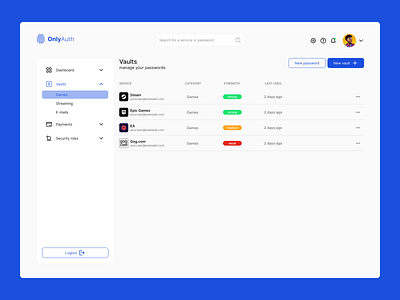 OnlyAuth password manager application design password manager saas ui user experience ux