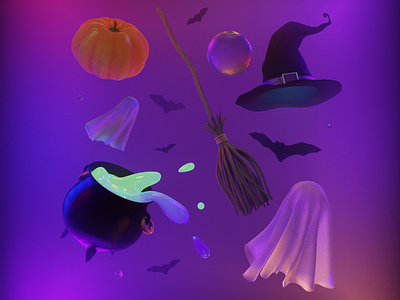 0009 - Happy Halloween! 🎃 3d 3dillustration animation blender branding broom caldron crystalball cycles design ghost graphic design halloween illustration logo motion design motion graphics pumpkin ui witch