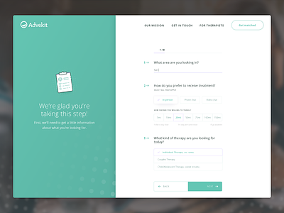 Advekit form app design form green health illustration interaction modern onboarding product split therapy