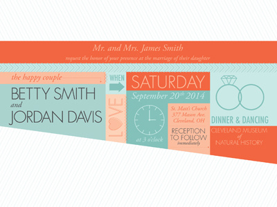 Happy Couple Wedding Invitation arrows chevron clock marriage mint orange peach retro rings teal wedding wedding invitation