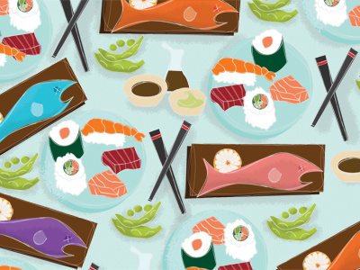 Illustration Friday - Gone Fishing chopsticks edamame fish sashimi soy sauce sushi sushi roll wasabi