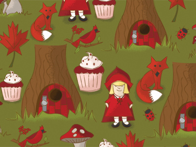 Illustration Friday - Red cardinal cherry tree door in a tree forest fox ladybug little red riding hood mushroom red red velvet cupcake