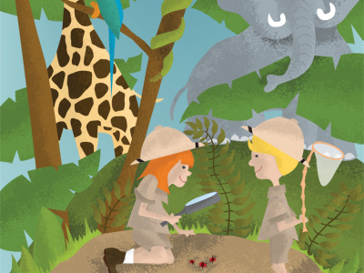 Illustration Friday - Survival boy elephant giraffe girl jungle kids parakeet pith helmet safari snake survival