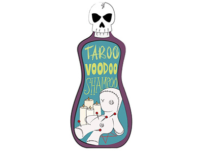 Taboo bottle pentagram voodoo doll skull typography type shampoo voodoo taboo