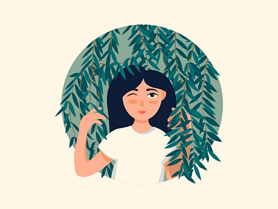 Girl in foliage illustration girl tree natural