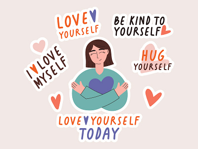 Love yourself 2d art branding character design girl graphic design illustration lettering love mental person quote self help smile sticker ui vector woman yourself