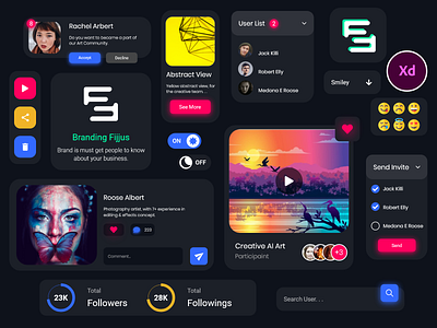 UI Kit "Social Platform" app appdesigner colorful dark theme ui dark ui designs icon mobileappdesigns mockups ui uiux uiuxdesign uiuxdesigns ux web website design xd ui kit