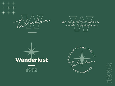 Wander. badge brand mark branding design emerald green icon illustration lock up logo logotype logotype black white creative script star starburst typography vector wander wonder wonderlust