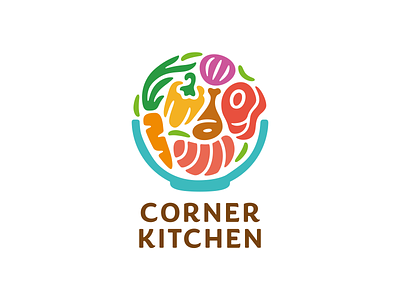 Corner Kitchen bowl branding carrot chicken fish logo meat onion pepper salmon steak