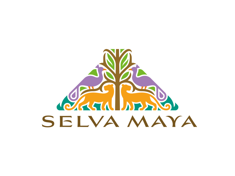 SELVA MAYA logo symmetry jungle ceiba world tree pyramid maya fauna flora big cats peacock